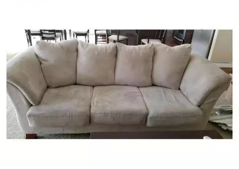 3 Piece tan sued love seat, hid a bed and chair