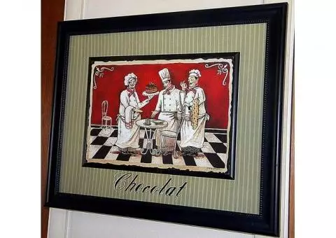 Gregory Gorham framed art Chocolat 3 chefs holding cake standing around table